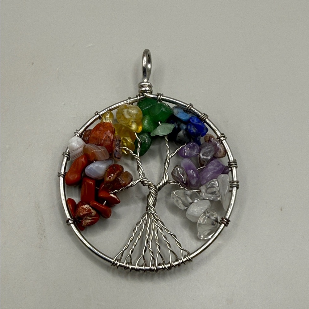 Vintage Silver Tone Multicolored Beaded Tree of Life Large Pendant